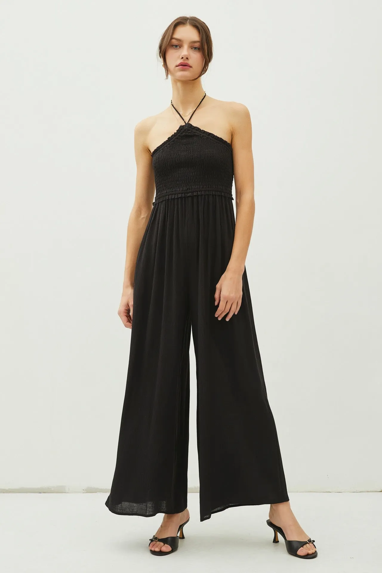 Back Cutout Smocked Halter Wide Leg Jumpsuit