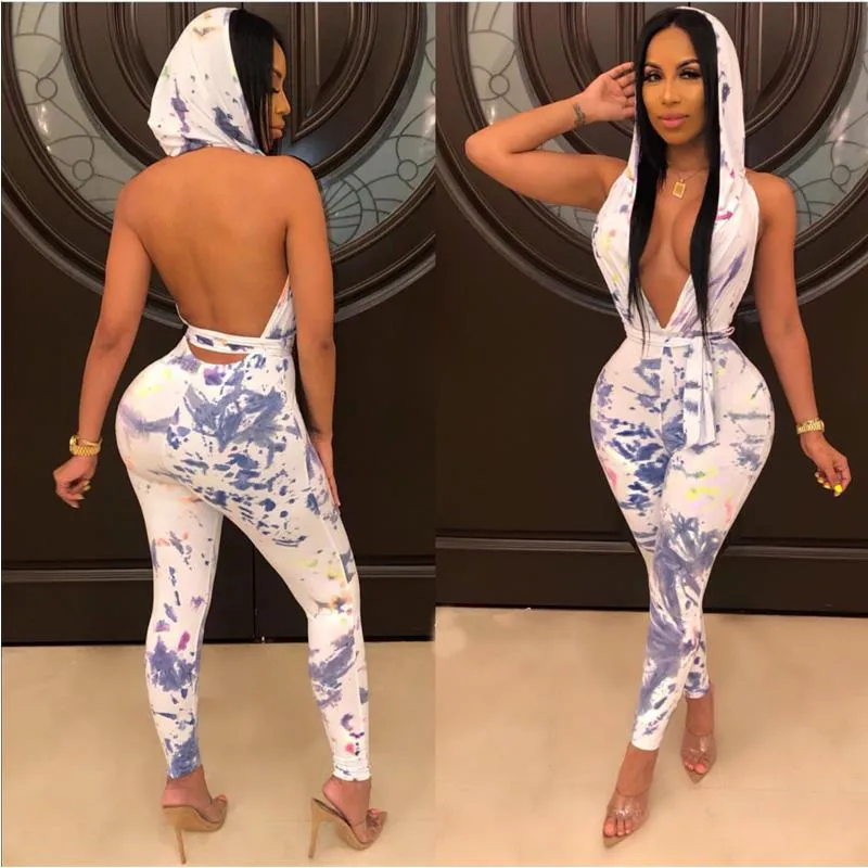 Bodycon V Neck Hoodie Backless Jumpsuits