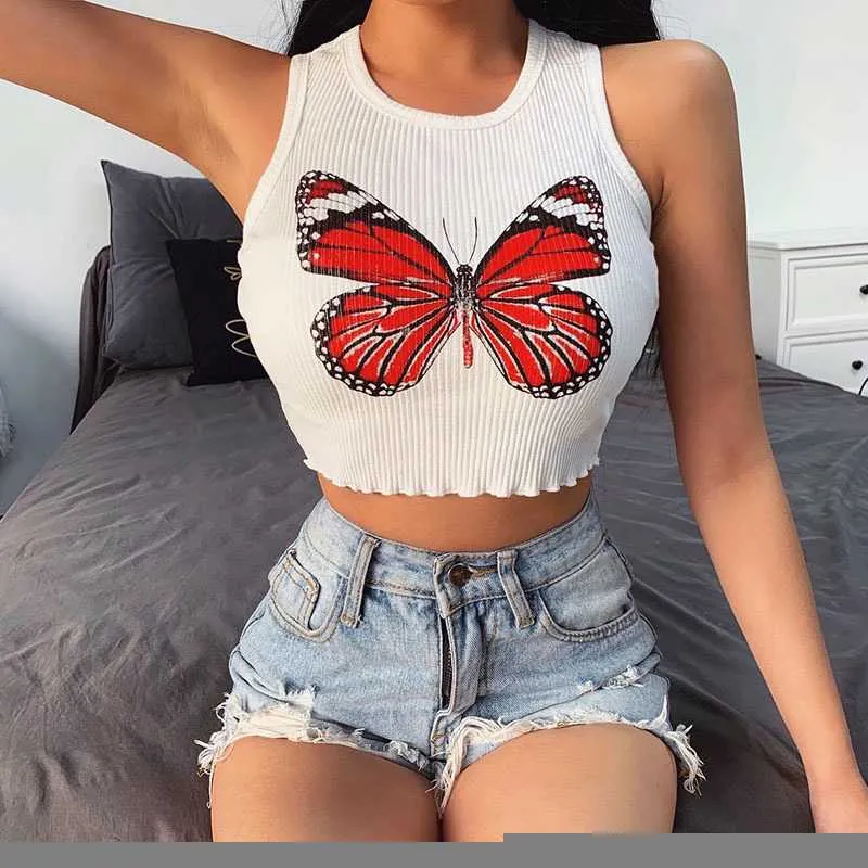 Butterfly Embroidered Ribbed Cotton Workout Tank Crop Top