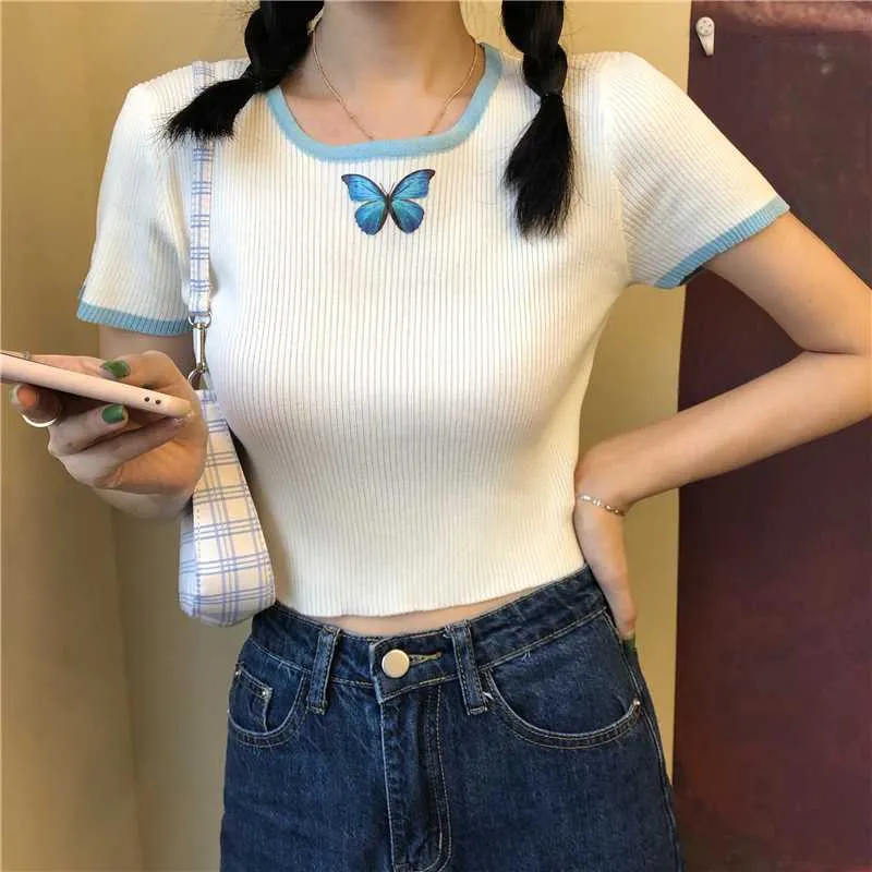 Butterfly Embroidered Ribbed Cotton Workout Tank Crop Top