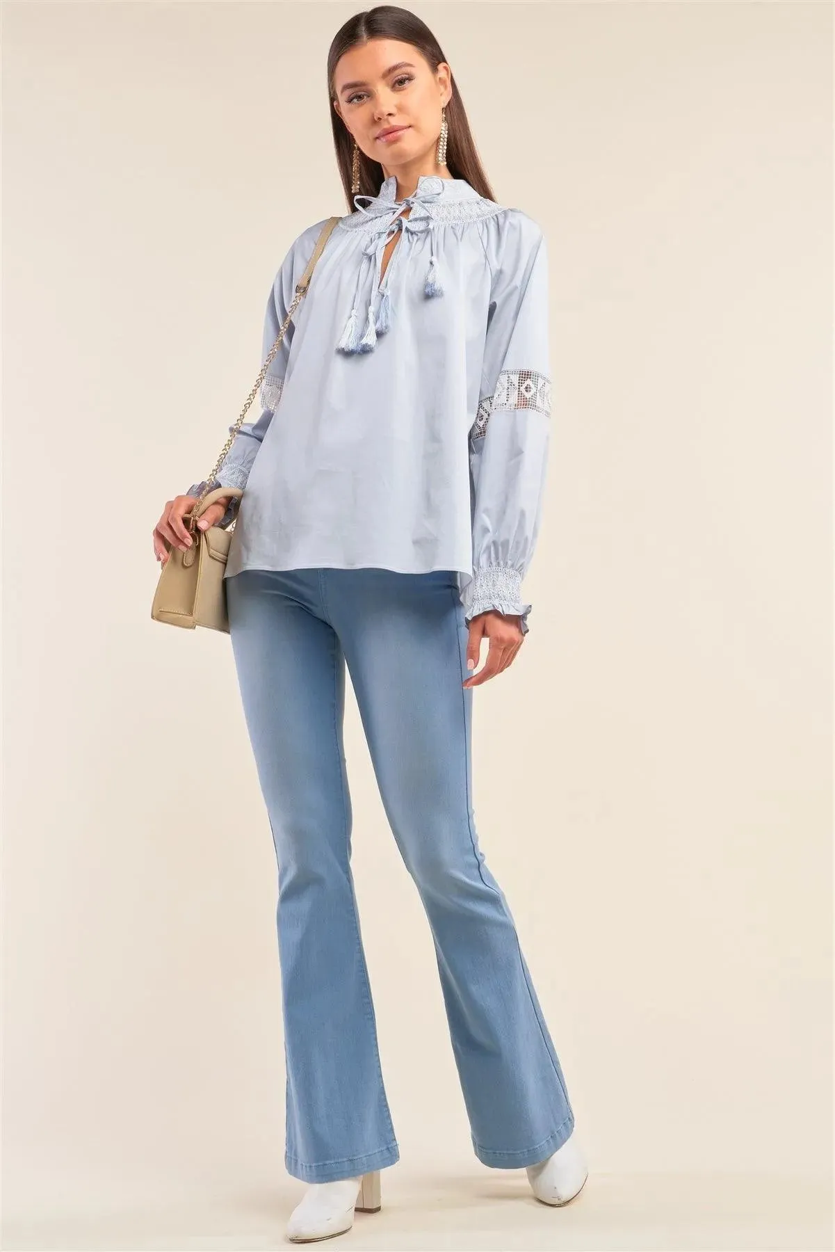 Dreamy Blue Slavic Inspired Crochet Embroidery Detail Long Balloon Sleeve Tassel Draw String Tie Loose Fit Blouse /1-2-2-1