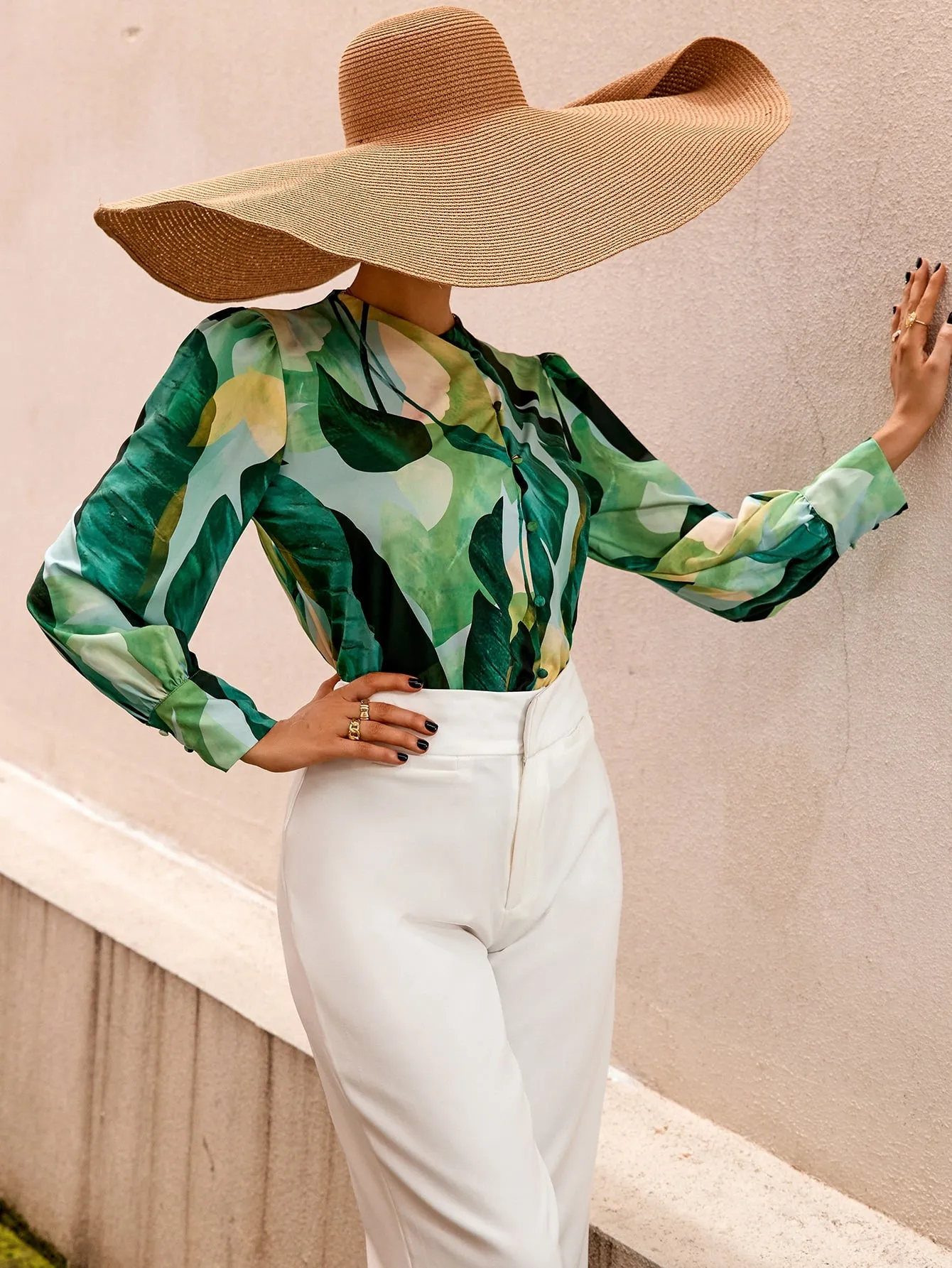 Random Tropical Print Puff Sleeve Shirt