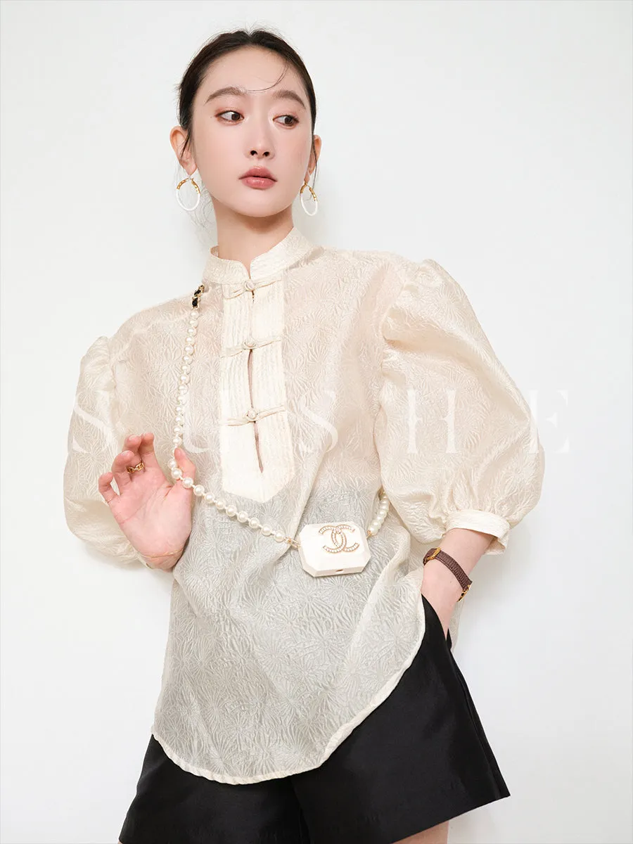 Sushe pattern embossed Chinese style buckle slim top shirt -iota